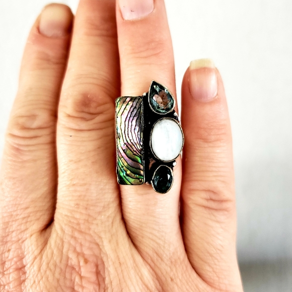 New Abalone Shell, Rainbow Moonstone, Blue Topaz 925 Silver Ring. - Picture 4 of 6